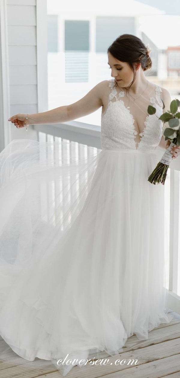 V-neck Illusion Back Lace Tulle White Plus Size Wedding Dresses, CW0228