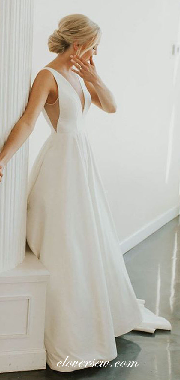 V-neck Sleeveless A-line Ivory Satin Simple Elegant Wedding Dresses,CW0145
