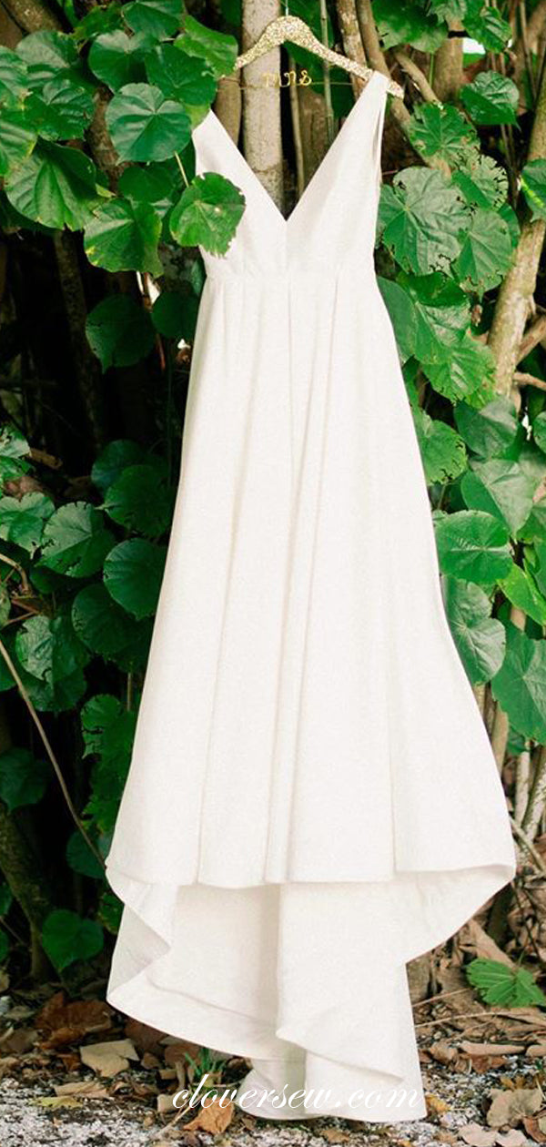 V-neck Sleeveless A-line Ivory Satin Simple Elegant Wedding Dresses,CW0145