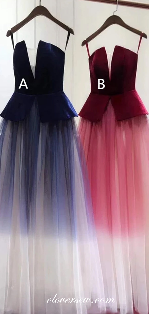 Velvet Gradient Tulle Starpless A-line Prom Dresses, CP0099