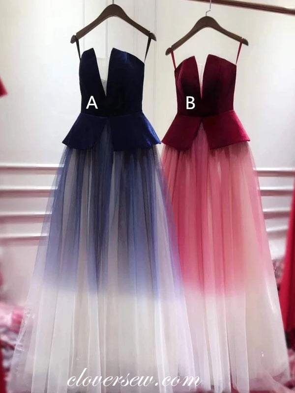 Velvet Gradient Tulle Starpless A-line Prom Dresses, CP0099