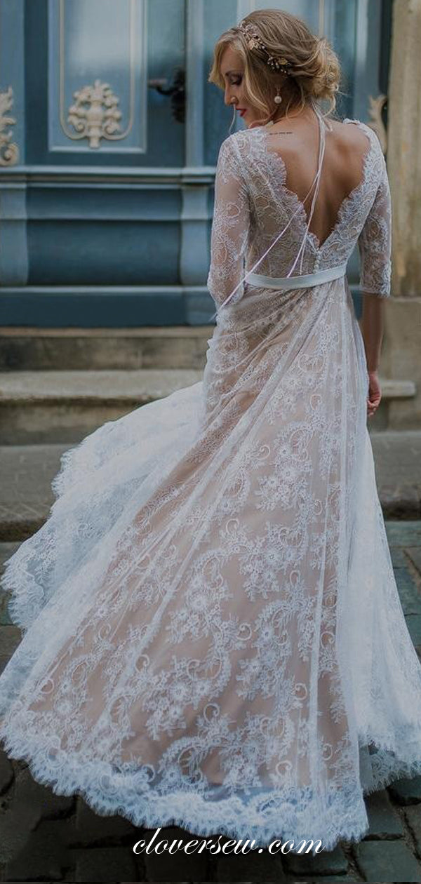 Vintage Half Sleeves Nude Lace V-back A-line Wedding Dresses ,CW0156