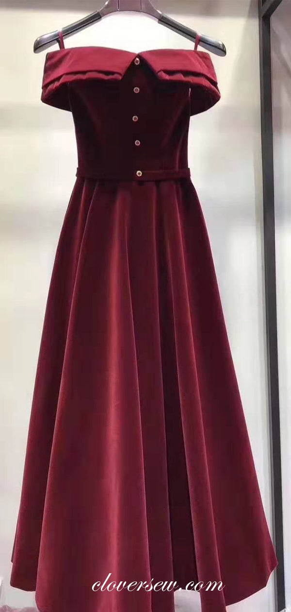 Vintage Burgundy Velvet Off The Shoulder A-line Prom Dresses,CP0165