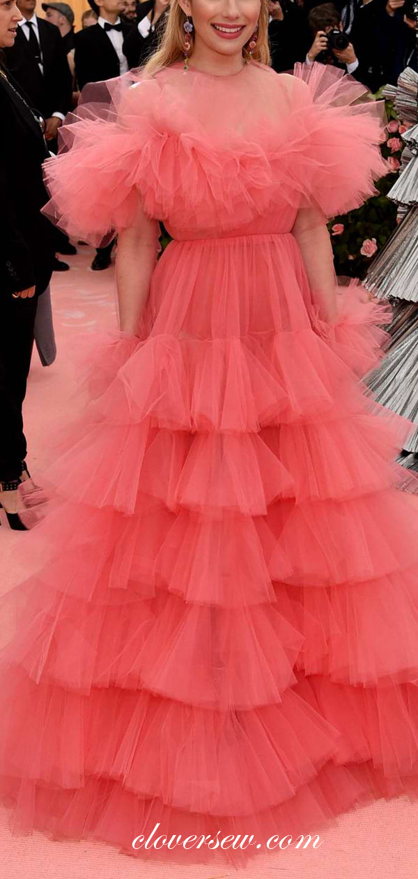 Watermelon Red Tulle Ruffles Tiered A-line Prom Dresses,CP0209