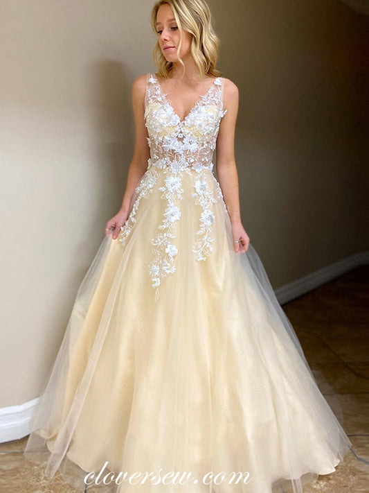 White Applique Pastel Yellow V-neck Sleeveless A-line Prom Dresses, CP0542