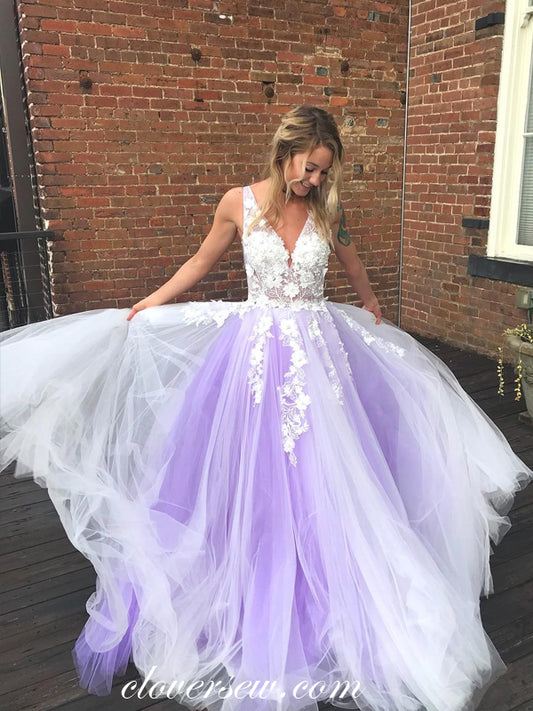 White Applique Tulle Purple V-neck Sleeveless A-line Prom Dresses, CP0541