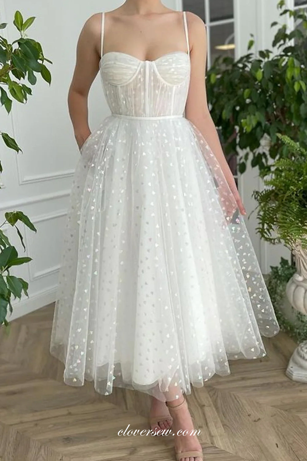 White Heart Embroidery Spaghetti Strap Ankle Length Wedding Dresses, CW0313