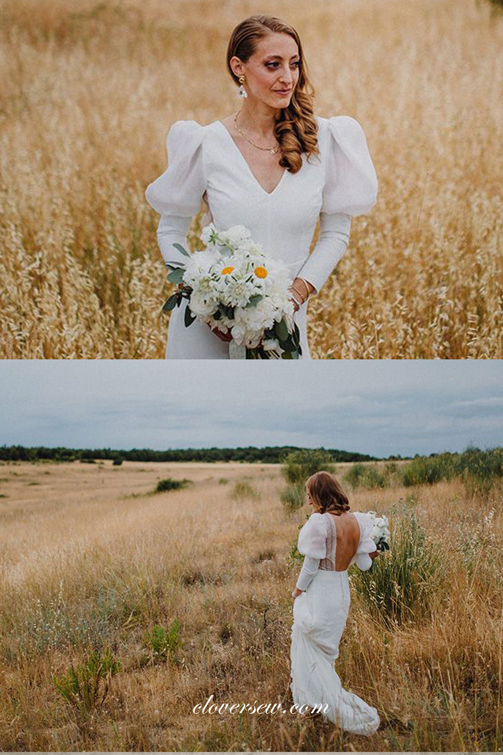 White Lantern Long Sleeves V-neck Backless Charming Wedding Dresses, CW0323