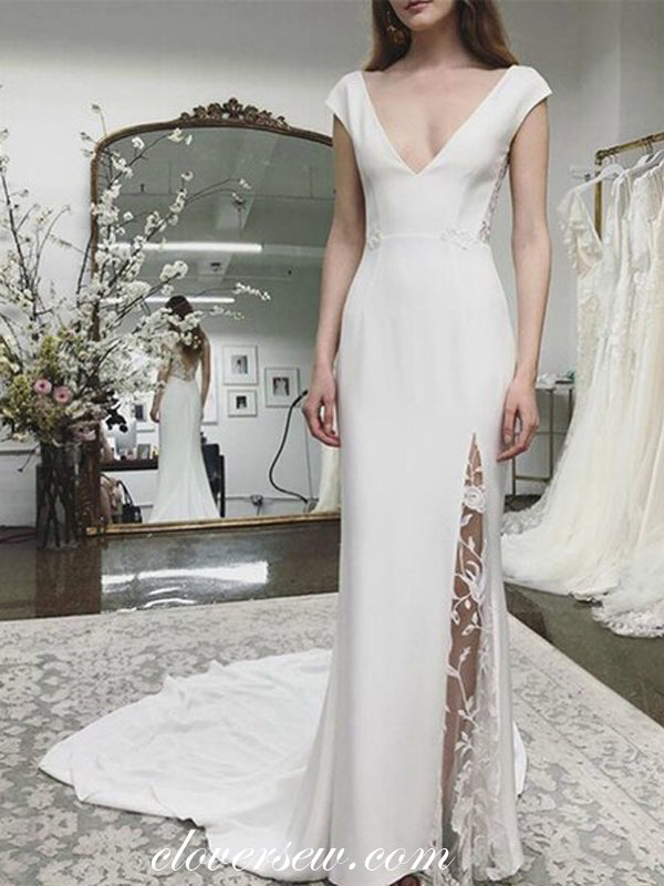 White Satin Cap Sleeves V-neck Sheath Lace Slit Wedding Dresses,CW0136