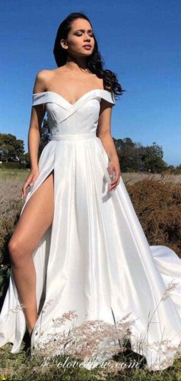 White Satin Off The Shoulder A-line Prom Dresses, CP0601