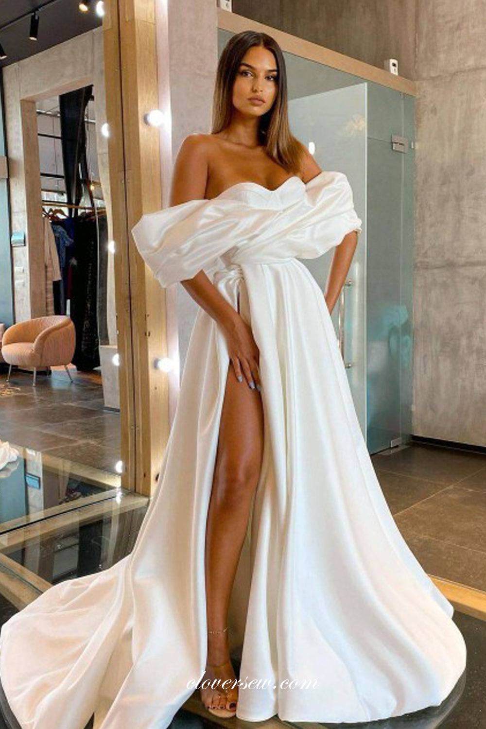 White Satin Off The Shoulder High Slit Fashion Wedding Dresses, CW0327