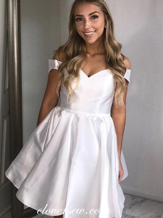 White Satin Off The Shoulder Lace Up Back Homecoming Dresses, CH0005