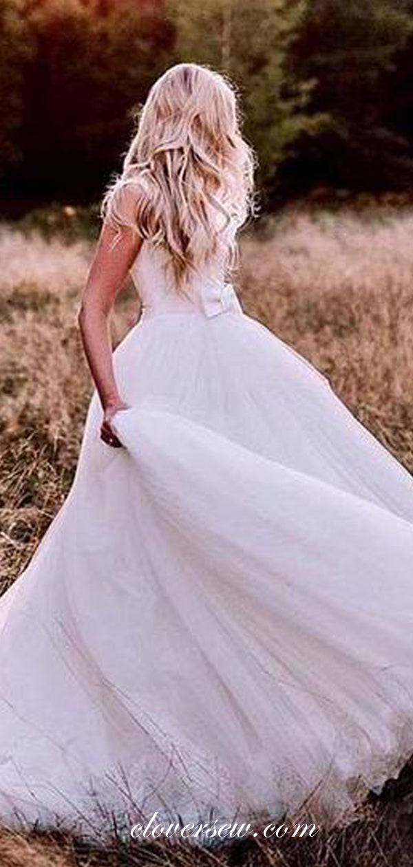 White Satin Tulle Round Neck Sleeveless Backless Wedding Dresses,CW0134