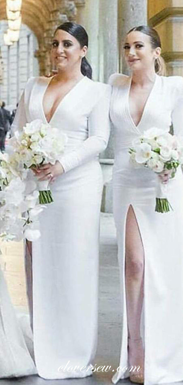 White Satin V-neck Long Sleeves Side Slit Bridesmaid Dresses, CB0199