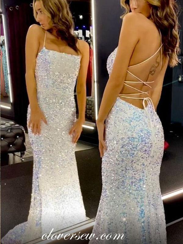 White Sequin Spaghetti Strap Lace Up Backless Mermaid Prom Dresses, CP0883