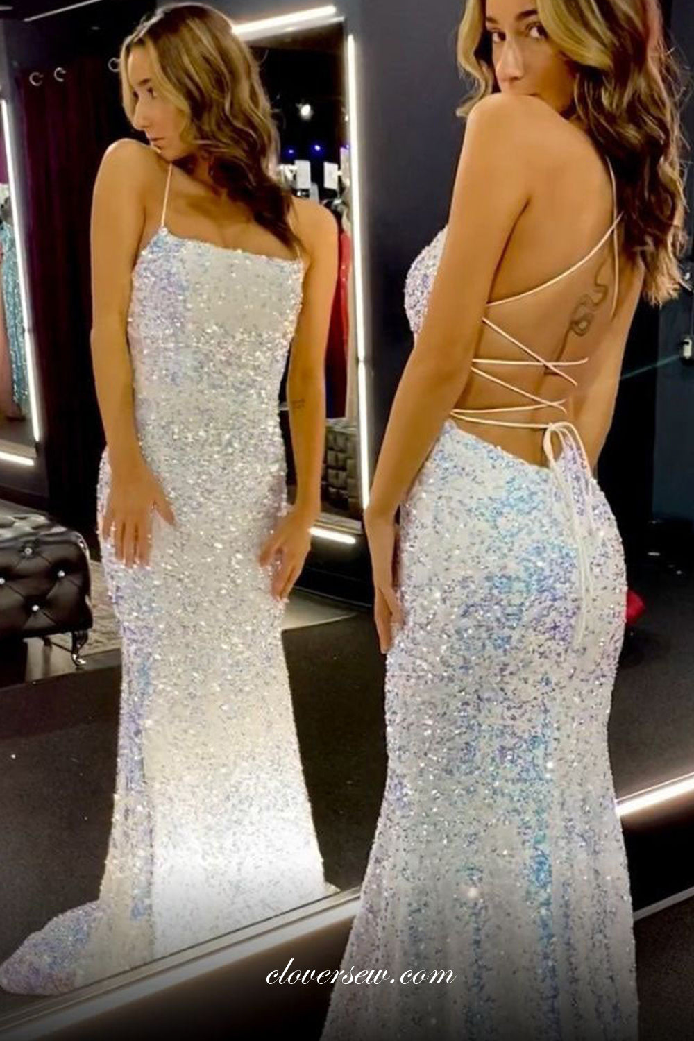 White Sequin Spaghetti Strap Lace Up Backless Mermaid Prom Dresses, CP0883