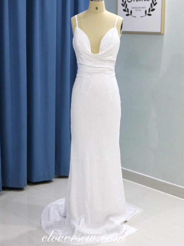 White Sequin Spaghetti Strap Sheath Sexy Wedding Dresses, CW0178