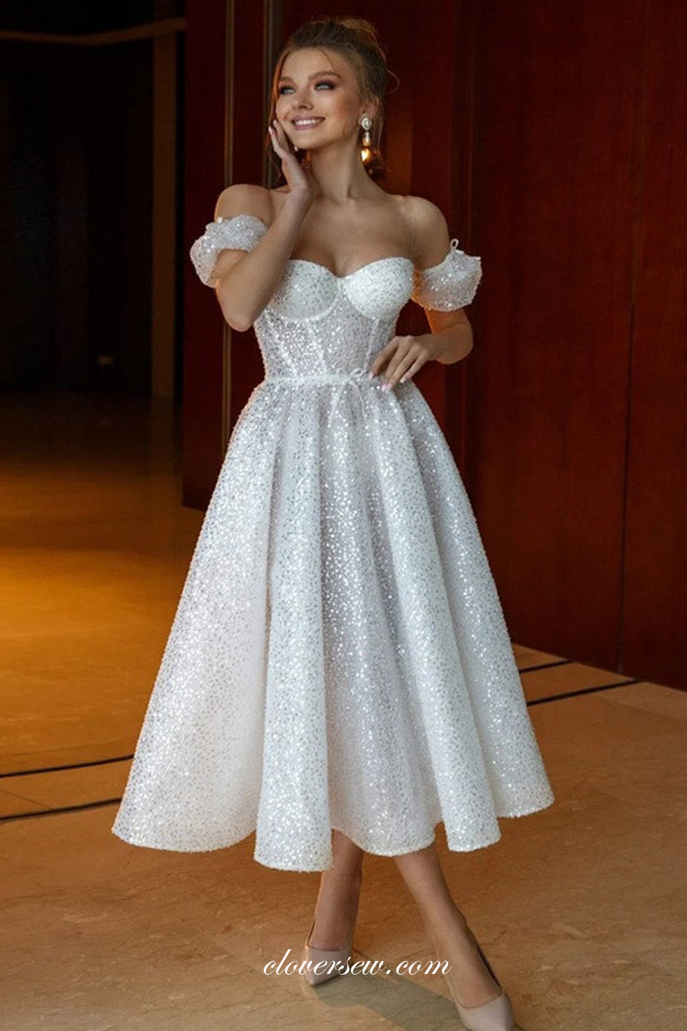 White Sequined Tulle Off The Shoulder Sweetheart Short Wedding Dresses, CW0350