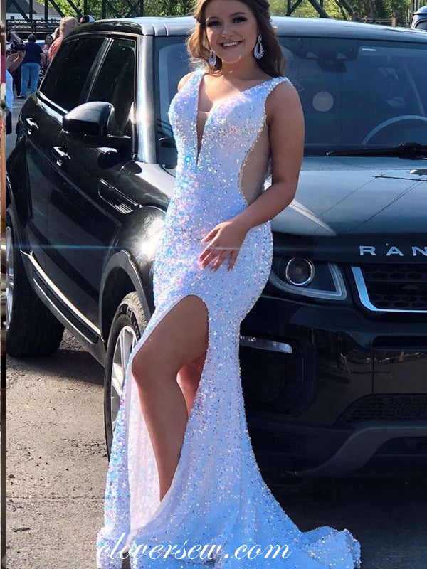 White Sequined Tulle Sexy Open Back Side Slit Mermaid Prom Dresses, CP0885