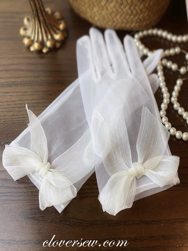 White Tulle Gloves With Bowknot for Bridal Wedding Party, CG0006