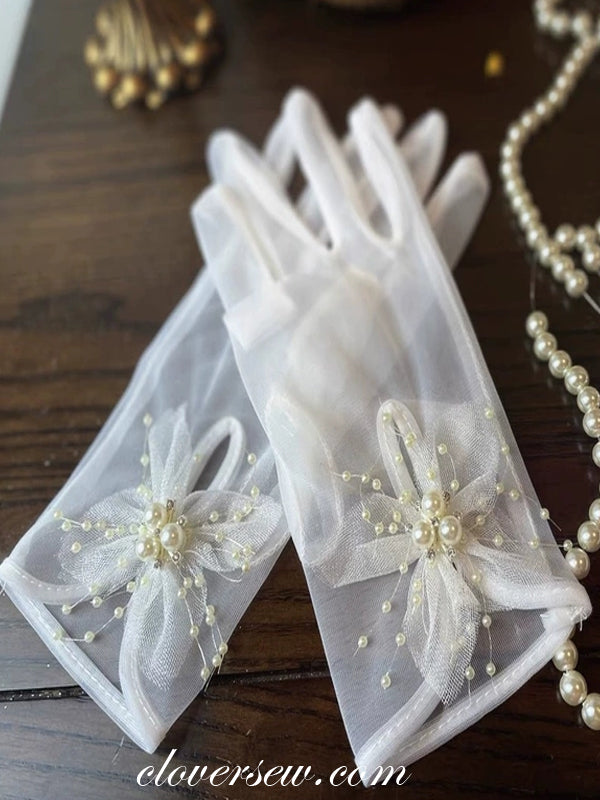 White Tulle Gloves With Handmade Flowers for Bridal Wedding Party, CG0005