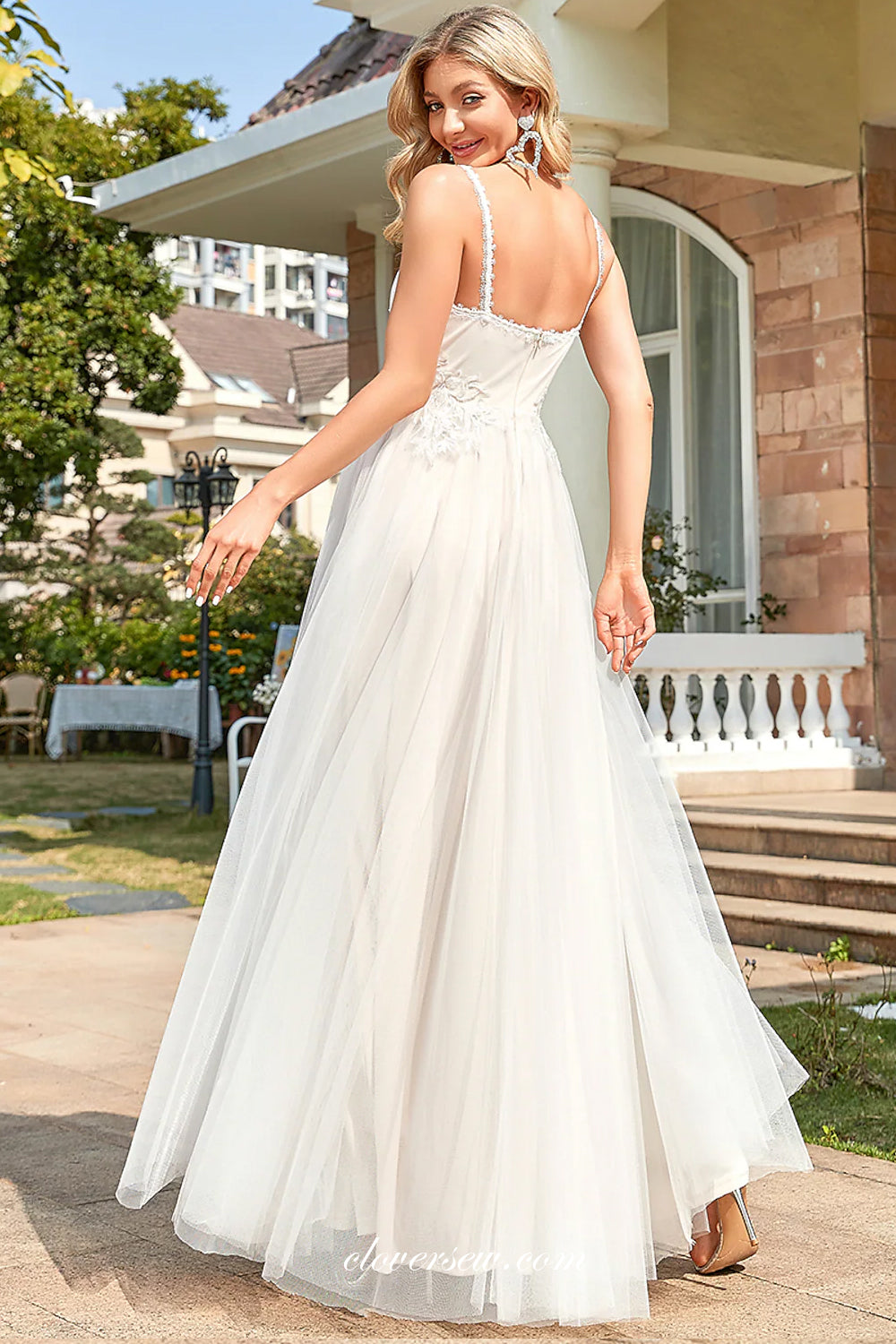 White Tulle Sleevess Lace Applique A-line Country Wedding Dresses, CW0312