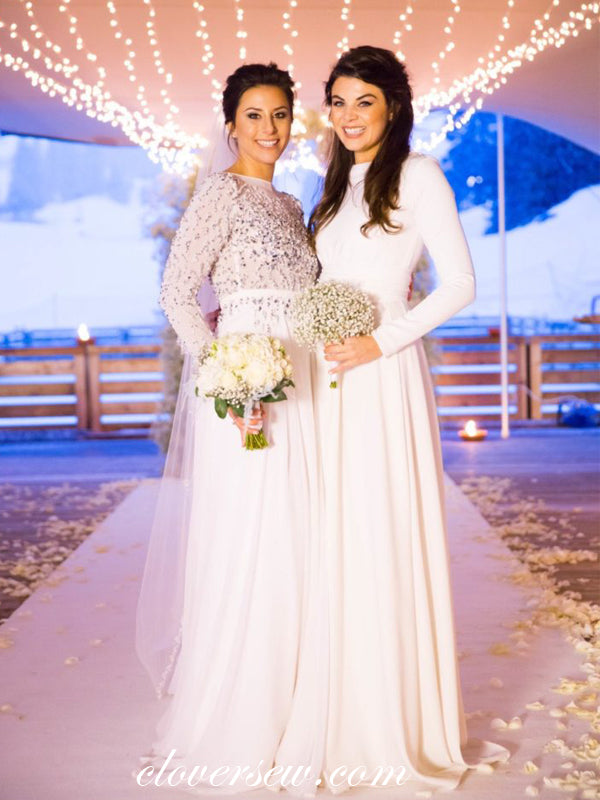 White Jersey Chiffon Long Sleeves A-line Long Bridesmaid Dresses, CB0004