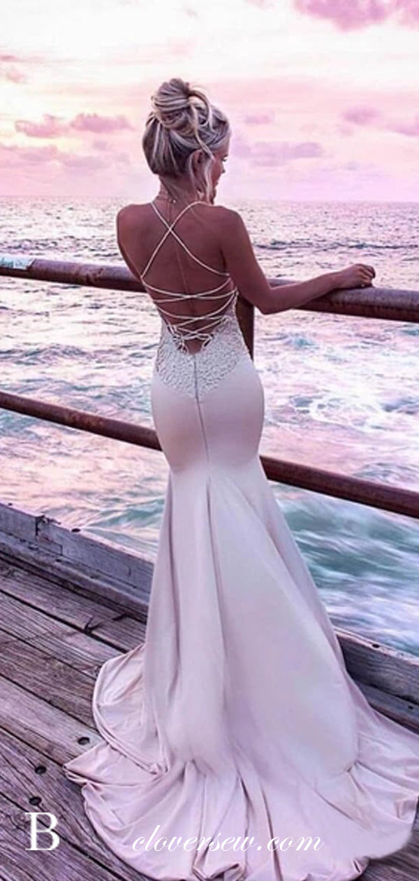 White Lace Applique Satin Mermaid Backless Prom Dresses,CP0310