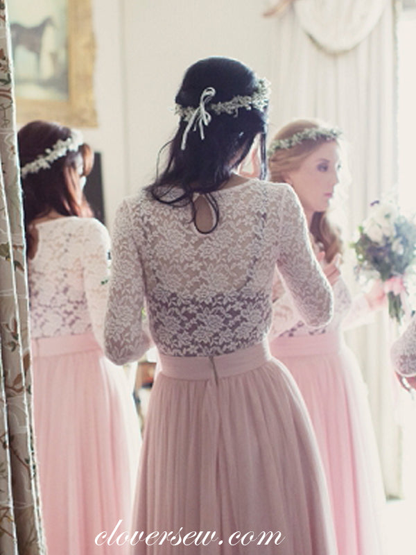 White Lace Pink Tulle Long Sleeves A-line Bridesmaid Dresses, CB0055