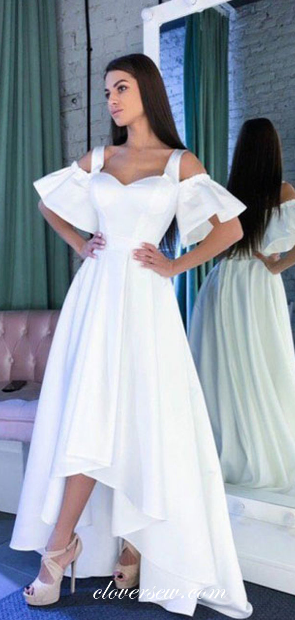 White Satin Off The Shoulder High Low A-line Lovely Wedding Dresses,CW0098