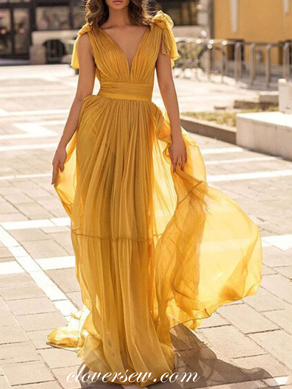 Yellow Chiffon Sleeveless V-neck Charming Flowy Party Dresses, CP0806