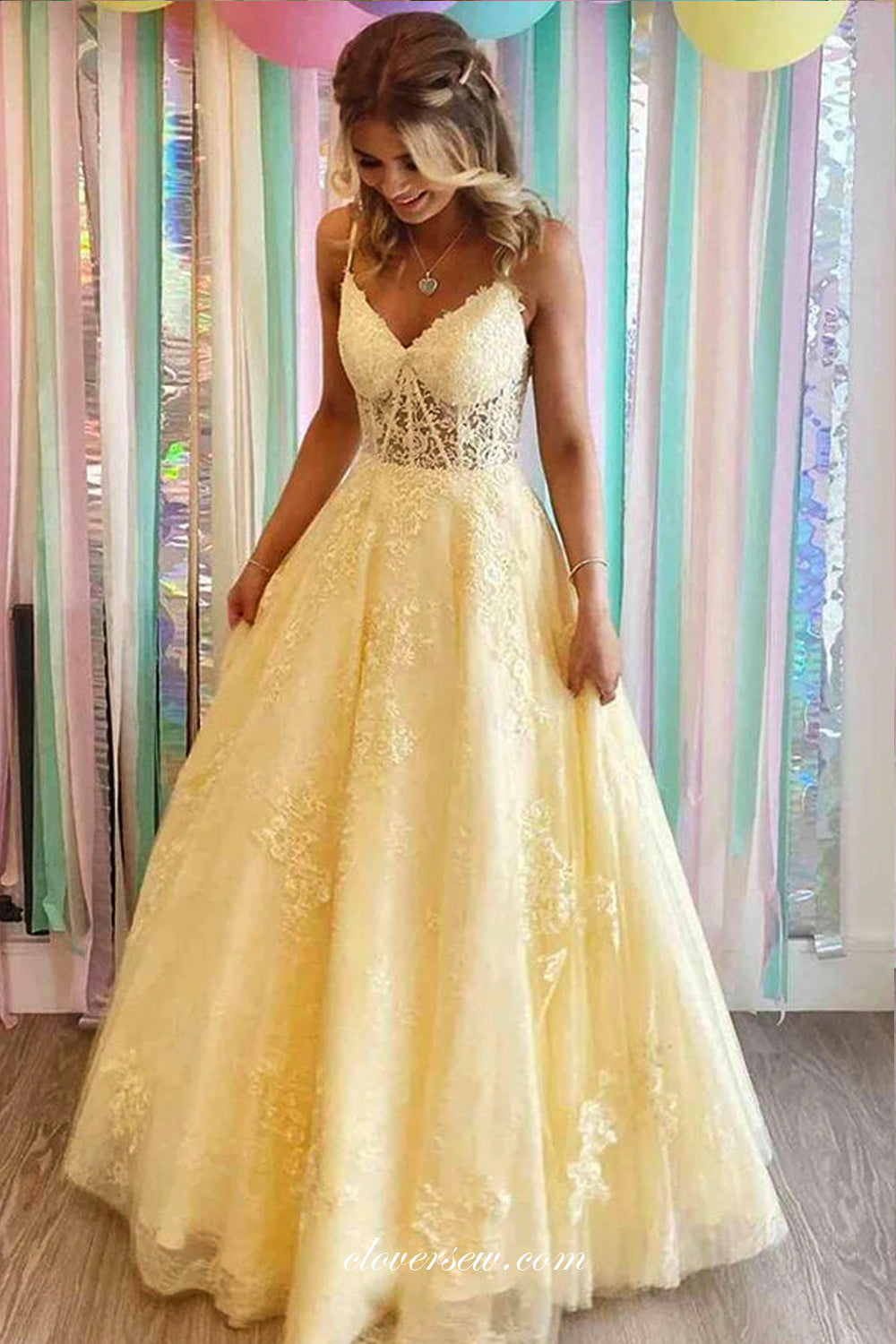 Yellow Lace Spaghetti Strap Lace Up Back A-line Senior Prom Dresses, CP0966
