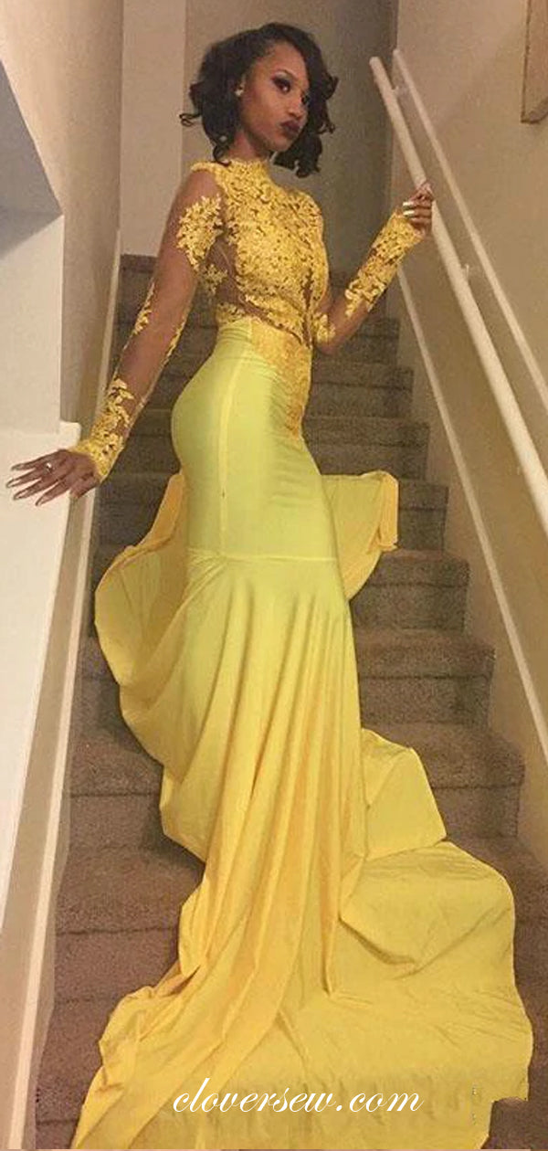 Yellow Lace Top Sheath Jersey Mermaid With Train Formal Dresses, CP0609