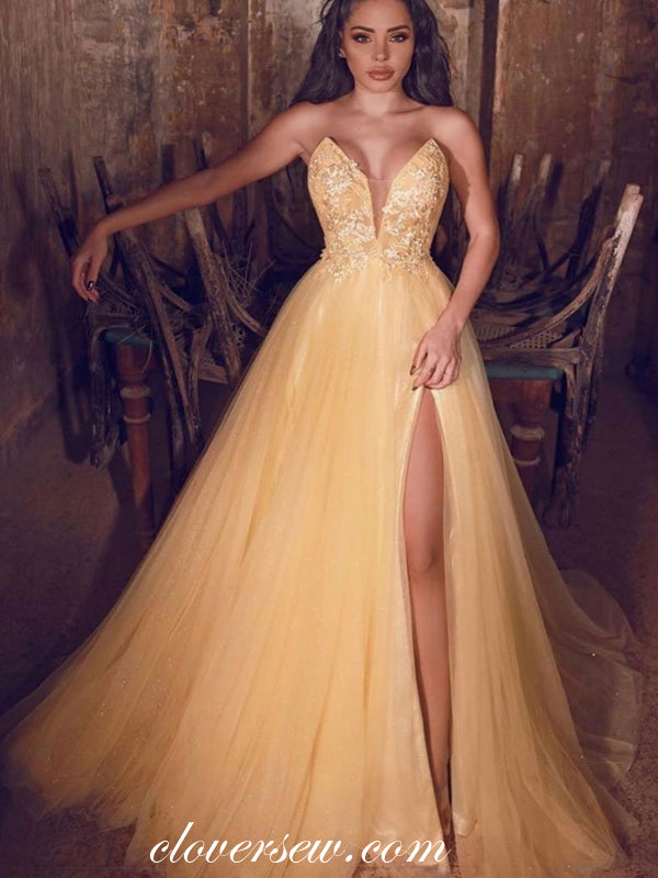 Yellow Lace Tulle Fashion Strapless A-line Side Slit Prom Dresses, CP0703