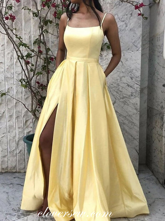 Yellow Satin Spaghetti Strap Side Slit A-line Prom Dresses, CP0593