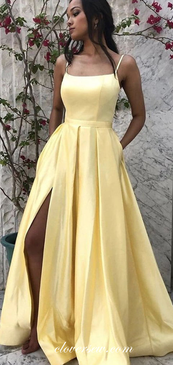 Yellow Satin Spaghetti Strap Side Slit A-line Prom Dresses, CP0593