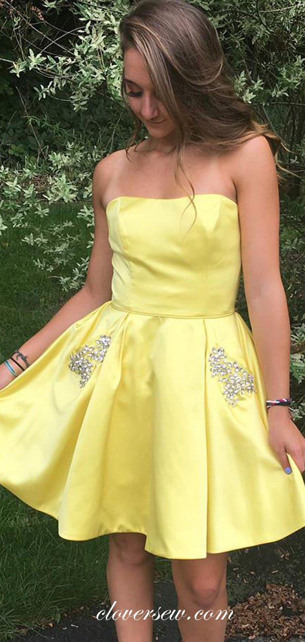 Yellow Satin Strapless Rhinestone Pocket Homecoming Dresses, CH0018