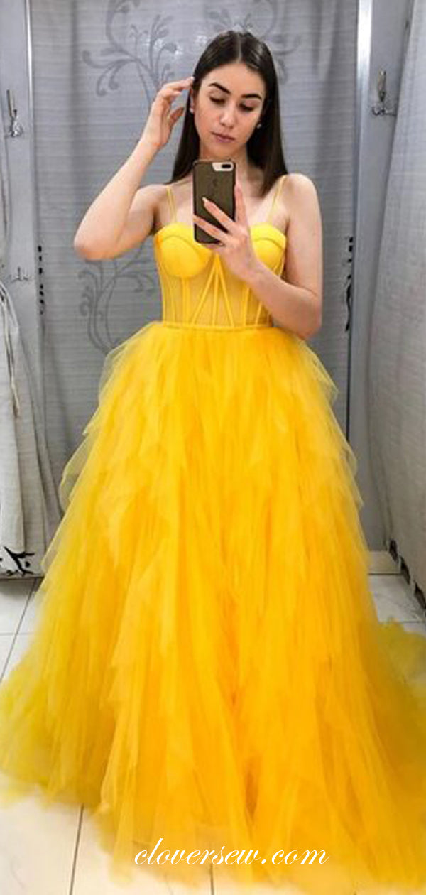 Yellow Tulle Sweetheart Spaghetti Strap Ruffles A-line Prom Dresses, CP0519