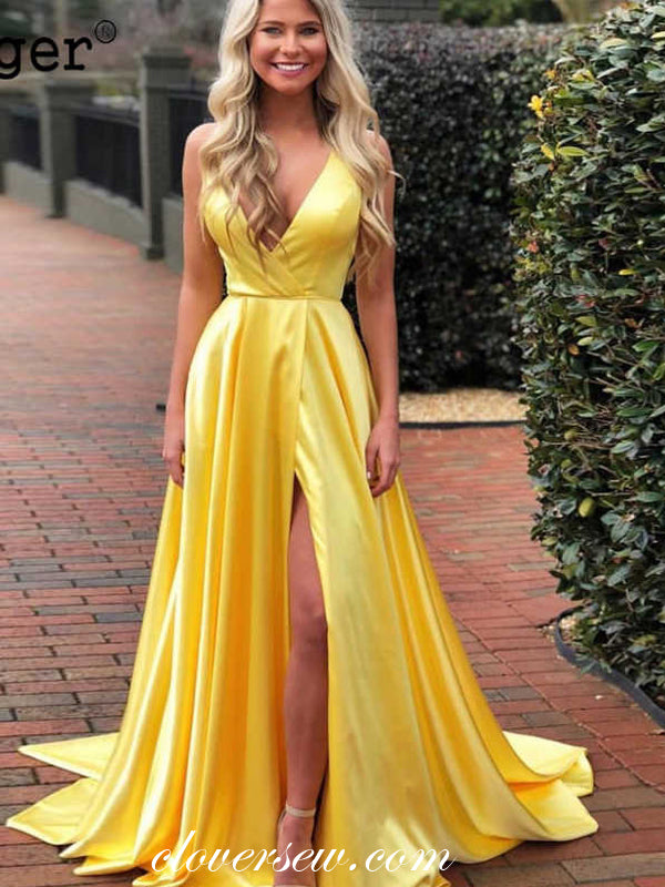 Yellow Elastic Satin Spaghetti Strap A-line Prom Dresses , CP0111