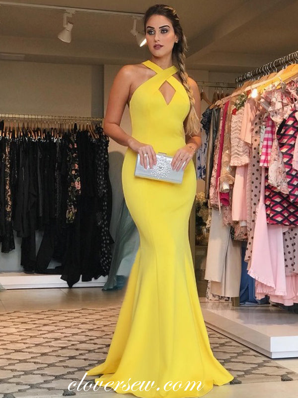 Yellow Halter Open Back Mermaid Prom Dresses, CP0097