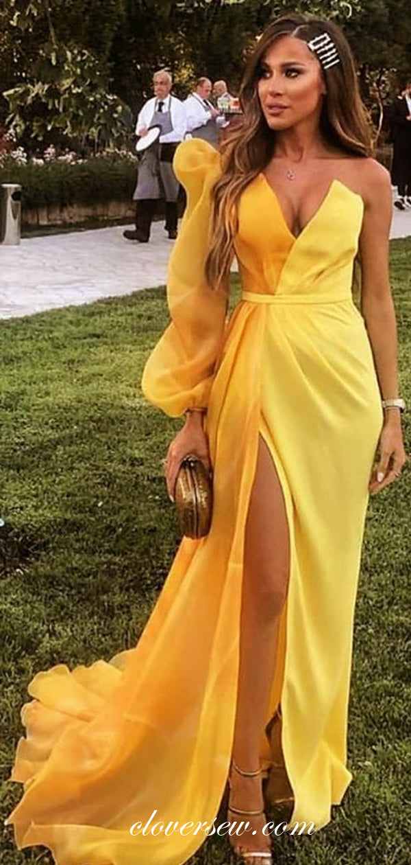 Yellow One Shoulder Long Sleeves Sheath Side Slit Prom Dresses,CP0386