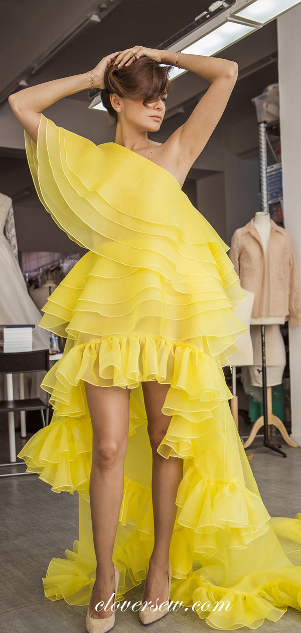 Yellow Organza One Shoulder High Low Ruffles Prom Dresses , CP0090