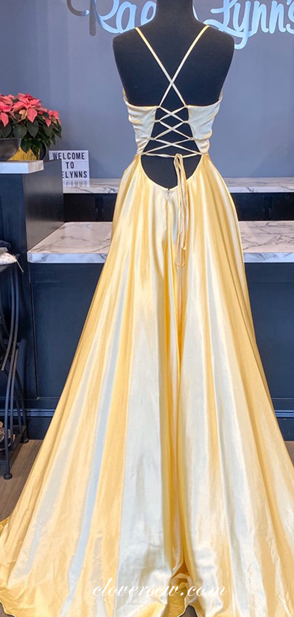 Yellow Satin V-neck Spaghetti Strap A-line Prom Dresses,CP0350