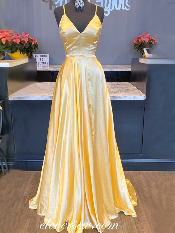 Yellow Satin V-neck Spaghetti Strap A-line Prom Dresses,CP0350