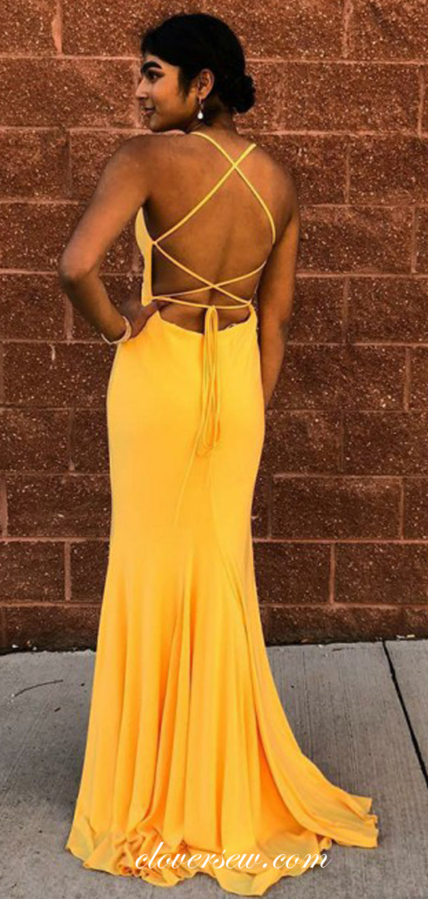 Yellow Spaghetti Strap Lace Up Backless Prom Dresses, CP0017