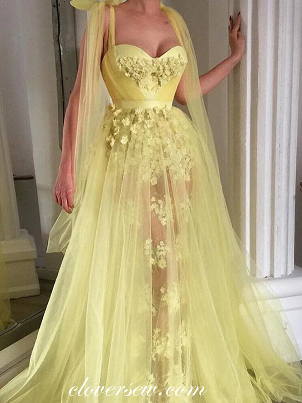 Yellow Tulle 3D Applique Convertible Strap A-line Prom Dresses,CP0437